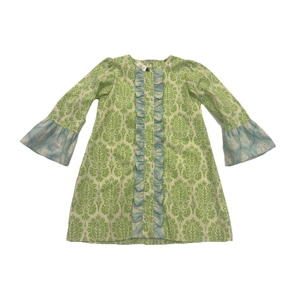 Shrimp & Grits Kids 4T Green Damask Dress Ruffle Bell Sleeve Boutique